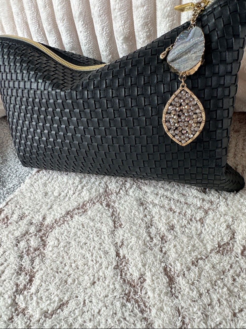 Woven Leather Clutch w/ Statement Crystal Charm | Black Gold Zip Elevated Luxe
